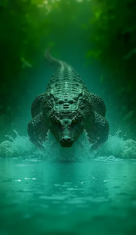 "A majestic crocodile in motion, diving into a clear river, surrounded by lush greenery, showcasing its strength and vitality."