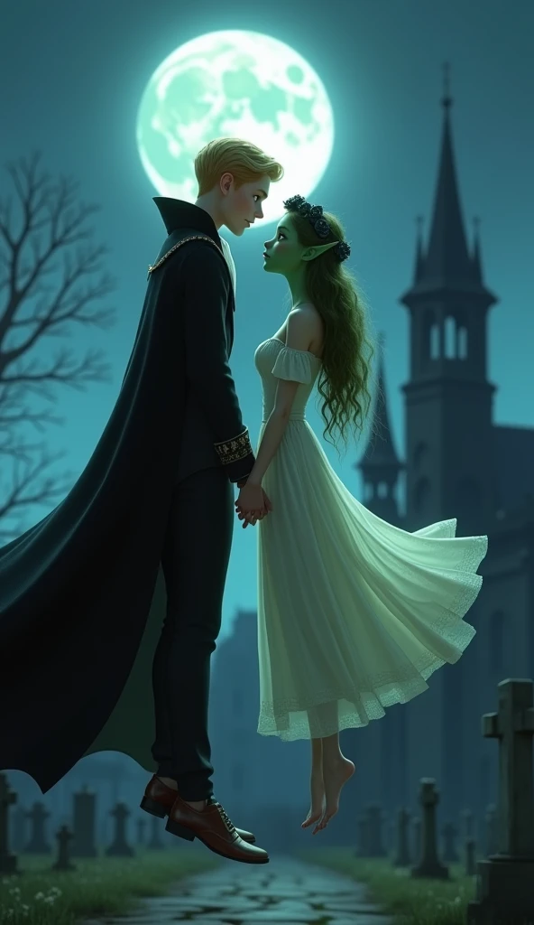 Pixar, DreamWorks, Skydance Animation, side view showing a couple floating in the air. A handsome teen boy is dressed in a black suit, a Regency tie, brown shoes. He dons a magnificent cape. He is blond, has ashen skin, red pupils, pointed ears and canines...