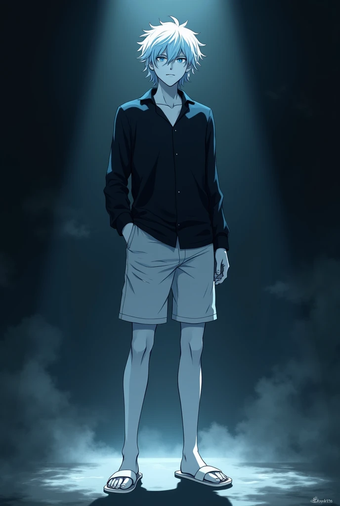  anime character man, 
 blue-white skin, 
 black long sleeve shirt , 
Short Colblanca , 
White Beach Sandals.

theme:  dark