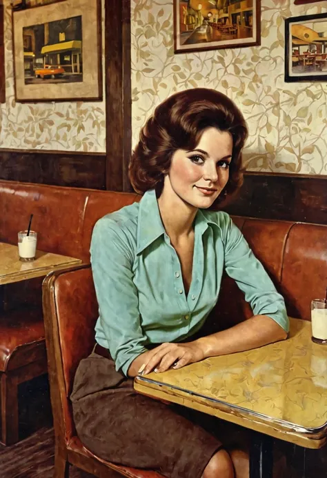 70,s painting of a casual woman, seating in a restaurant, vintage, desaturated colors, old retro look, by robert bechtle.