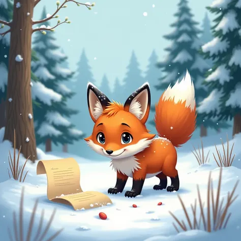  high quality，A little fox in a snowy forest，A note was found，Details of the foxs fur ， clear lines 