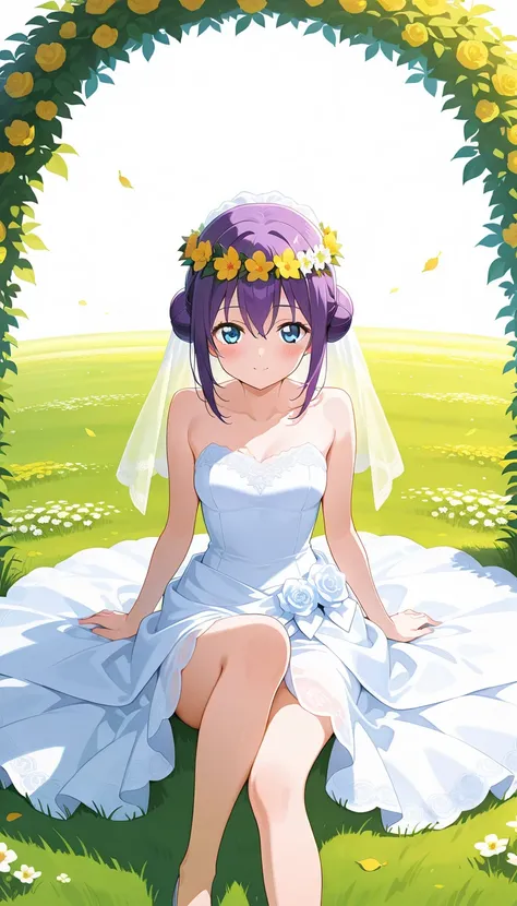 (3/4 view: 1.2), (High quality anime art), (Anime girl), ((Solo)), Purple hair, low bun, (Golden leaf wreath), (Detailed eyes, Glassy eyes, blue eyes), white wedding dress, elegant, (vibrant color:0.7), (Detailed color: 0.9), Wide grass field background, (...