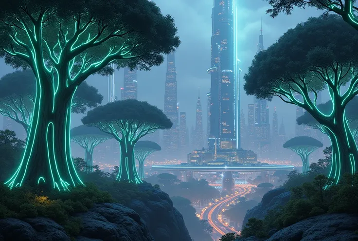 ((big city)), ((bioluminescent trees)), ((glowing veins in tree trunks)), buildings,
