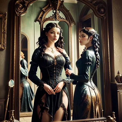 there is a statue of a woman stands in front of the mirror,  fantasy victorian art , with a mirror, looking into a mirror, looks in the mirror, looks in the mirror,  hyperrealistic art nouveau ,  mirror image ,   Gothic fantasy art  , looking in the mirror...