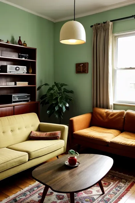 Living room, lampshade, vintage radio, colour television, couch, table with vase, warm lighting