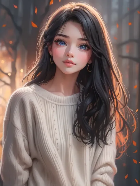 Hyper-realistic,photorealistic,a beautiful young girl, 15歳、detailed face, long black hair, オフショルダーwhite sweater, スマートフォンを持つ、 amazing high definition painting