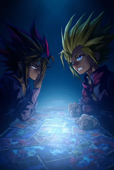 
Yugi muto from yugi oh losing in a card game against a blond boy with a pompadour with a smile