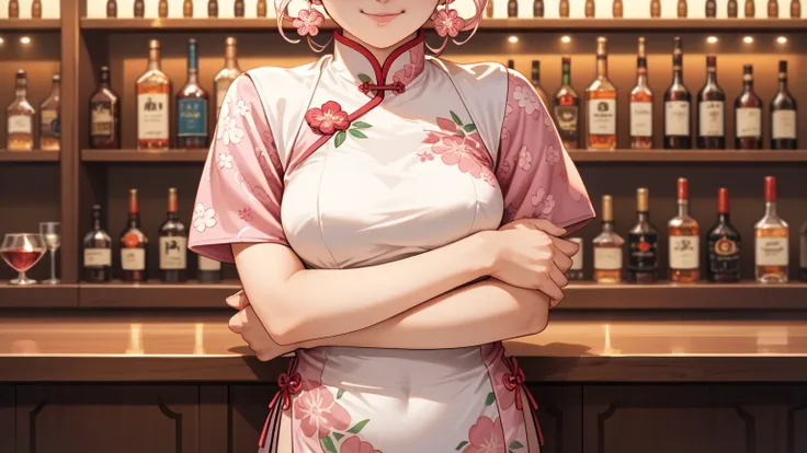 rating_safe, score_9, score_8_up, score_7_up, source_anime, masterpiece, best quality, solo, 1girl, wondering face, firm breasts(she is wearing pink floral body-hugging cheongsam) ( standing, bar counter,close up, cowboy shot view), lough bar Tokyo, (Japan...