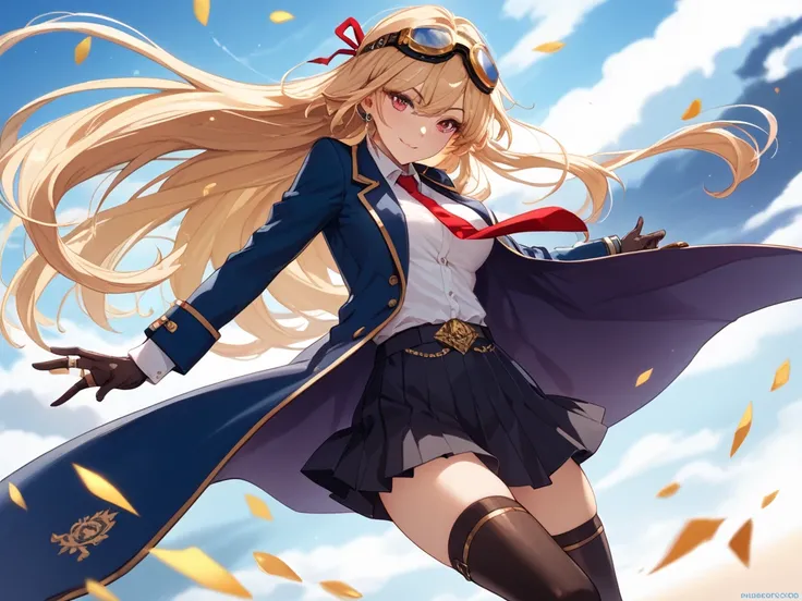 Gender: Female
Hair: Long, light blonde hair, blowing in the wind and getting bigger.
Eyes: Dark red.
Clothing:
Blazer: Dark blue steam-style punk long blazer uniform, with gold lines on the collar and gold embroidery on the cuffs. The blazer is open. It i...