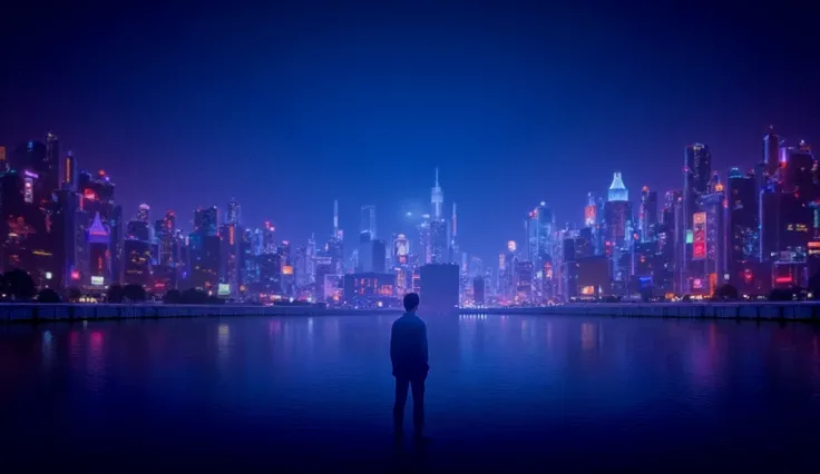 A man near a colourful city at night, near the river