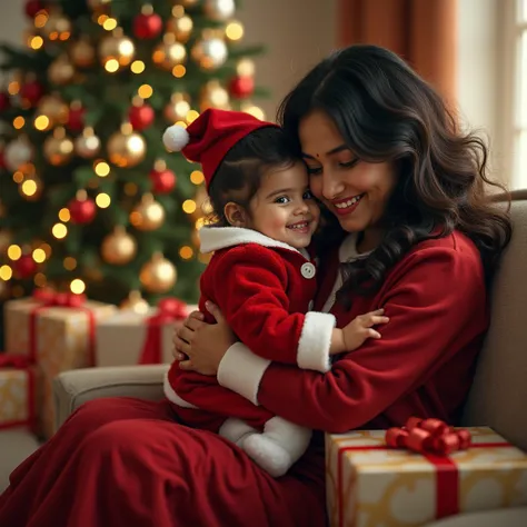 one cute indian chubby mom with blue eyes and  cute daughter wearing santa suit  sitting on big lavish sofa background of big cristumus tree and gifts looks like premium ultra realistic 