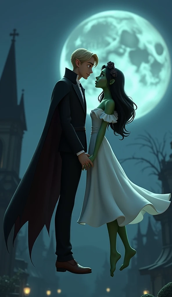 3D animation, Pixar, DreamWorks, Skydance Animation, Side view showing a couple floating high in the air. A handsome teen boy is dressed in a black suit, a Regency tie, brown shoes. He dons a magnificent cape. He is blond, has ashen skin, red pupils, point...