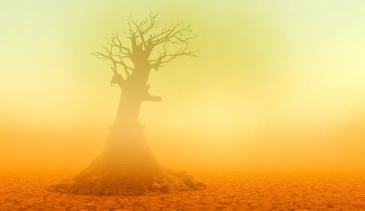 4.	A dry tree in a desert starting to sprout green leaves when watered with water from a small watering can