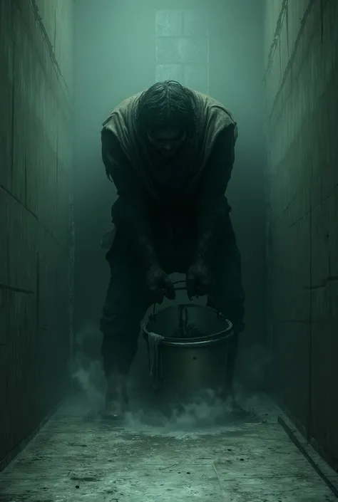 A men stealing water backet full of water from the bathroom