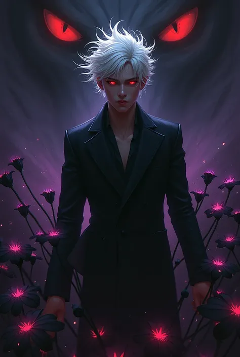 A shadowy figure stands in a dark and ethereal atmosphere. The character has striking white hair flowing chaotically, glowing faintly in the dim light. Their crimson red eyes pierce through the darkness, exuding a sense of power and mystery. Instead of a c...