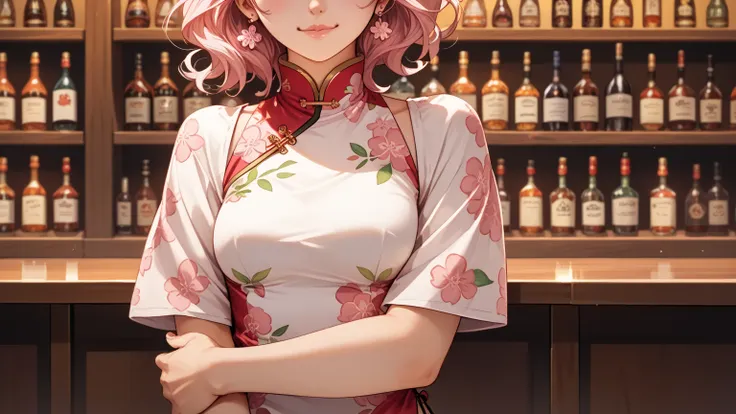 rating_safe, score_9, score_8_up, score_7_up, source_anime, masterpiece, best quality, solo, 1girl, wondering face,close up, firm breasts(she is wearing pink floral body-hugging cheongsam) ( standing, bar counter, cowboy shot view), lough bar Tokyo, (Japan...