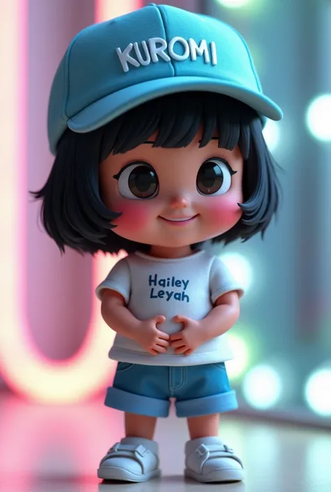 3D cartoon image of a  girl with short black hair, narrow eyes, wearing a white blouse with the name Hailey Leiyah on the front of her blouse and short pants, wearing a blue cap with "KUROMI" in white letters, and white sandals. She hugs the Kuromi doll. H...