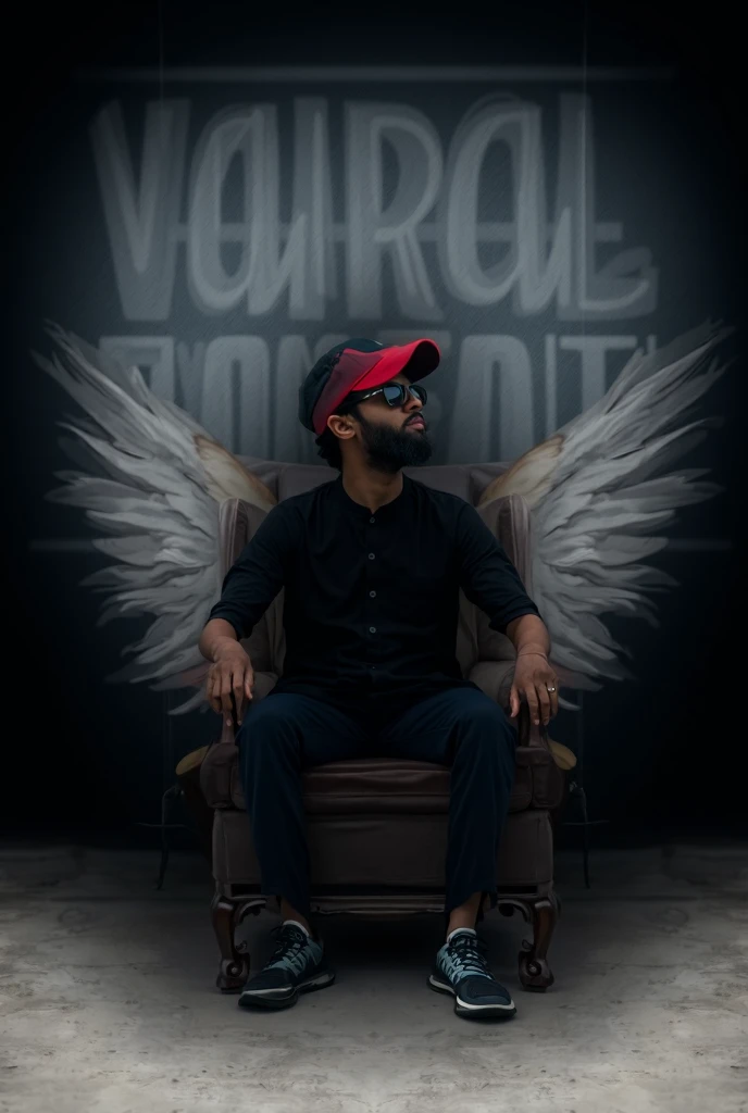 Create a 3D illusion for a Instagram profile picture where a 28 years old boy in a black shirt sits casually on a Wingback Chair. Wearing sneakers, a Red cricket cap, and sunglasses, he looks ahead. The background features "Vairal Moment" in big and capita...