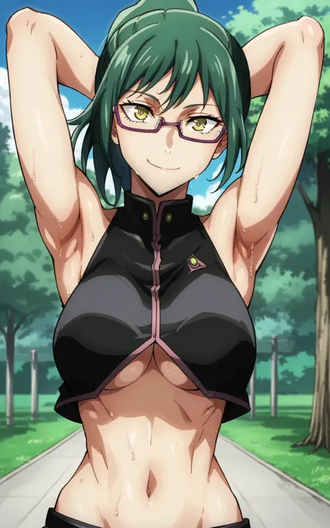 score_9, score_8_up, score_7_up, source_anime, anime screencap, 1girl, solo, Maki Zenin, yellow eyes, green hair, ponytail hair, glasses , large breasts, wearing alisa god eater outfit, clavage, underboobs, navel showing, arms behind head, armpits, looking...