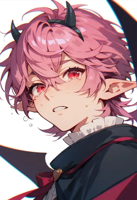 1boy, femboy, pink hair, messy bangs, red eyes, elf ears, small black devil horns, small bat wings, crying, white background, black and pink vampire outfit 