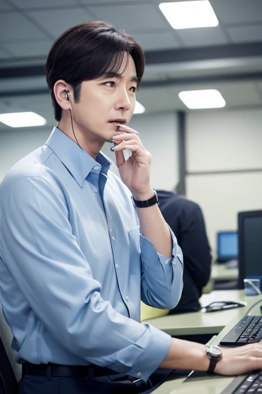  call center male in his 50s。Single plain face 。The background is unmanned。 wearing a long-sleeved shirt 。 slightly sports。