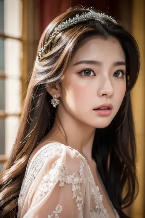 ((masterpiece, Best Quality, High resolution)), Japanese Princess、(Realistic: 1.4), Angry face、Great face,Pointed Mouth、With a pout、Glossy wet lips、Age 20, ponytail、(Beautiful Hair:1.5), Beautiful royal outfits、Tiara、Beautiful body、Beautiful breasts、Beauti...