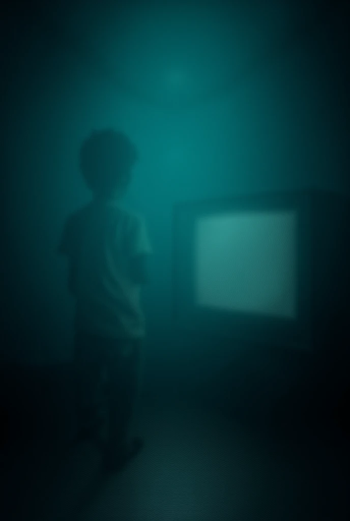 "A teenage boy standing near a vintage TV in a dimly lit room, looking puzzled as the screen is now dark. The background has an eerie, silent ambiance with faint shadows."