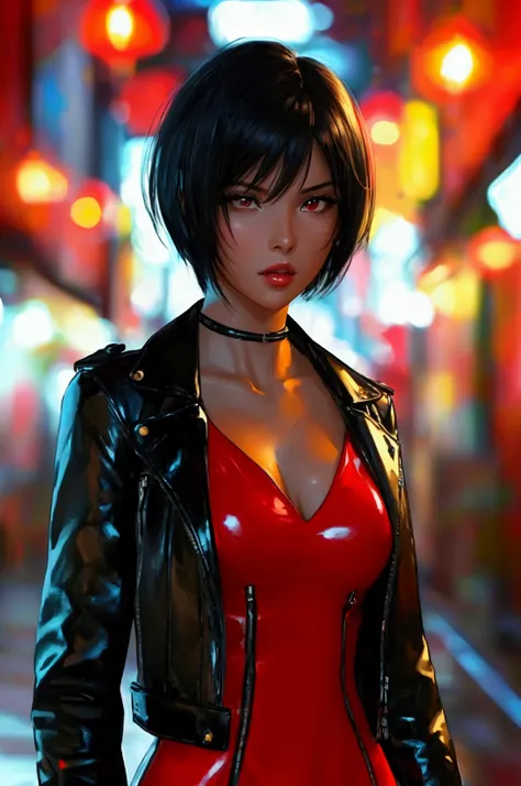 Woman with short black hair,  short and tight red dress ,  black leather jacket, black boots, large attributes 