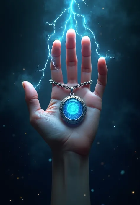 Create a magical locket hanging vertically from the fingers of a hand, which is shown facing forward in an upright vertical position. The locket dangles gracefully from the fingertips, perfectly centered in the palm. The hands palm lines glow with intense,...