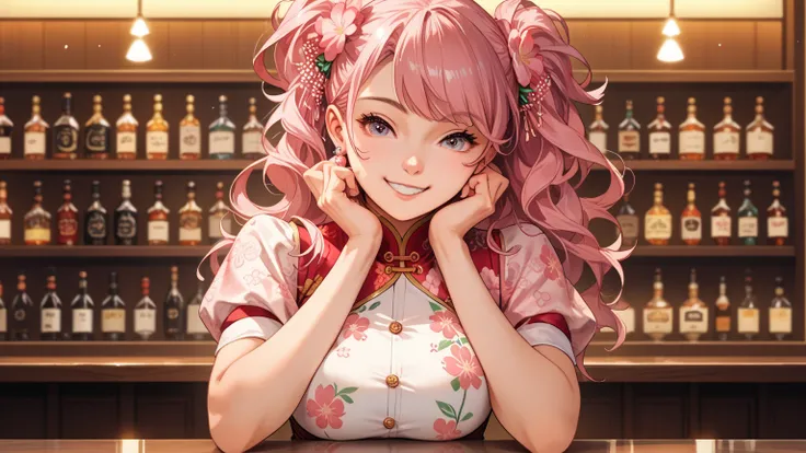 rating_safe, score_9, score_8_up, score_7_up, source_anime, masterpiece, best quality, solo, 1girl, wondering face, firm breasts(she is wearing pink floral body-hugging cheongsam) ( standing, bar counter,upper body, front view), lough bar Tokyo, (Japan), b...