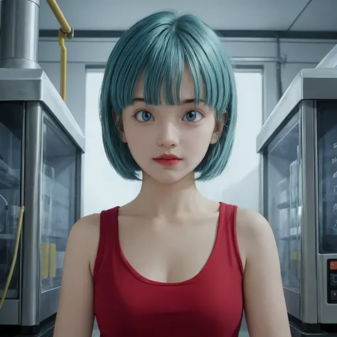 A young woman with short, vibrant blue hair styled in a bob cut, wearing a futuristic, form-fitting outfit. She has bright, intelligent eyes and a confident expression. The outfit consists of a sleek, high-tech bodysuit with a mix of blue, white, and pink ...