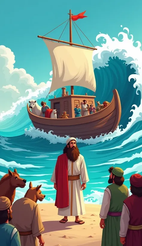 **The story of the Prophet Noah **:  Image of the Prophet Noah standing in front of his ship ,  with a huge wave in the background .  Noah looks serious ,  calls his people to board the ship . Around him,  shows different kinds of animals entering the ship...