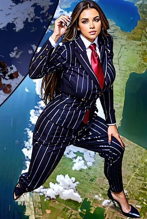 Hight altitude view of an approaching young giga giantess, Giantess art, 500 miles tall giga giantess, young sophisticated and stylish woman in a navy blue italian pinstriped trouser 3-peice suit, form fitting crisp office shirt, and a large wide light blu...