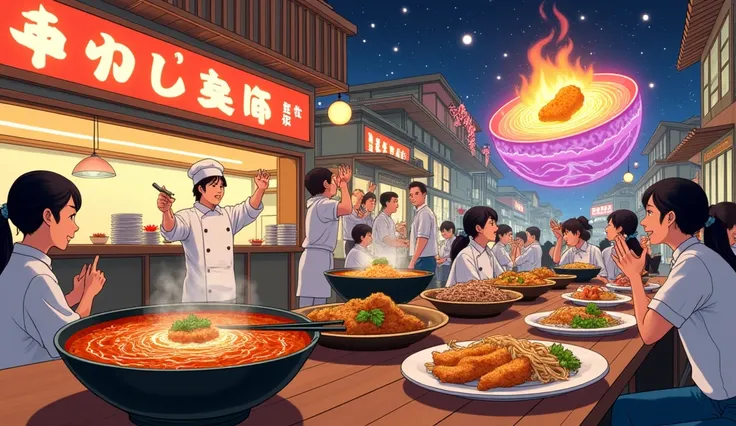 A vibrant and fun illustration of a bustling Japanese restaurant called Ryuugetsu in the town of Taiki. The image features steaming bowls of spicy miso ramen, golden crispy fried chicken (zangi), and plates of rich ankake yakisoba on a wooden table. The at...