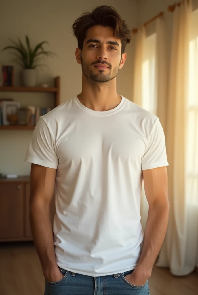 A fit, 34-year-old South Asian male with short, slightly messy hair and medium-fit body. He is standing in a naturally lit living room, wearing a slightly wrinkled white t-shirt and jeans. The lighting is soft and golden, falling unevenly from a nearby win...