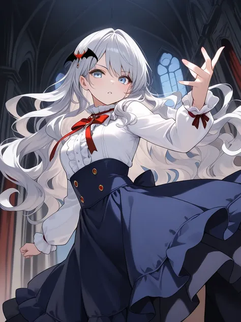 1girl, (silver hair, very long hair, wavy hair, light blue eyes), looking at viewer, white shirt, long sleeves, high-waist skirt, blue skirt, long skirt, frills, layered dress, hair ornament, vampire, dynamic pose, cinematic angle,, (masterpiece), (best qu...