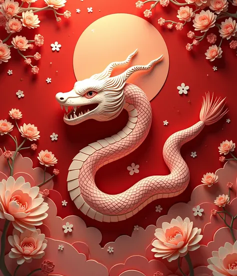 (Paper Cutting艺术:1.6), 3D Ups and Downs .  Heart-stirring, fantasy, Kawaii, Paper Cutting, red，Spring Festival，(snake)，( Best Quality ,4K,8K, high-resolution ,masterpiece:1.2), super detailed,( actual ,photo actual ,photo- actual :1.37),  simple background...