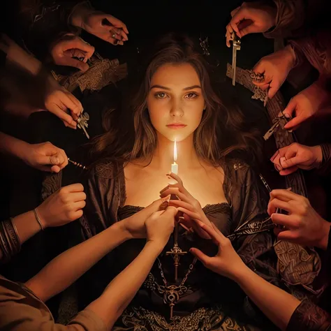 there is a woman,  surrounded by many hands , holding keys and a candle ,  cast a protective spell , Alexander Kucharsky, spell, Gecata, by Konrad Klapheck, Gecata goddess, святое пламя spell,  Greek dark ritual myth, magic, sitting, Bernard van Orley , Oc...