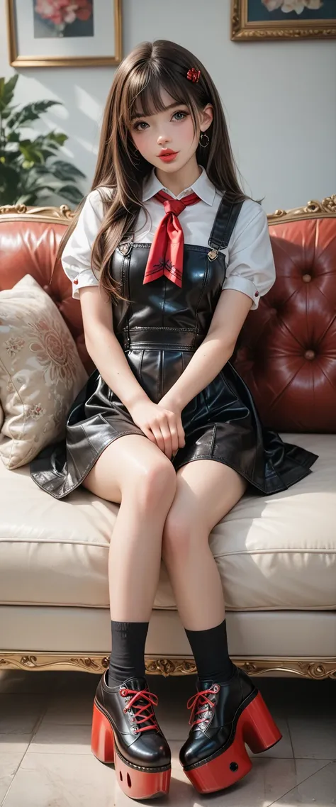 ((Highest quality)), 1 curvy schoolgirl, ((young girl:1.5)), fitted figure , cute curvy beautiful teenage schoolgirl, beautiful cute teen face with big lips , ((blouse short puffy sleeves)) , ((High Waisted short black leather shiny skater fluffy pinafore ...