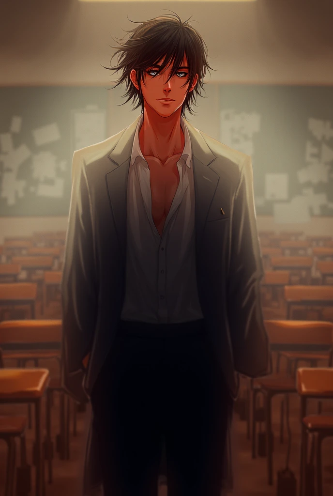 Anime handsome and tall  man inside the classroom 