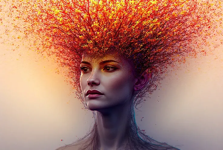 Style: Abstract Expressionism, Digital Art, Surrealism
Subject: A womans face with a tree growing out of her head.
Color Palette: Vibrant and contrasting colors, such as purple, yellow, orange, and blue.
Mood: Dreamy, ethereal, and thought-provoking.
Compo...