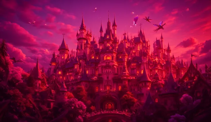 dragon,fly,cloud,sky.A magnificent fantasy palace inspired by Disney Pixar style, featuring vibrant colors, whimsical architecture with tall spires, round towers, and magical glowing lights. The setting is a dreamy twilight with a colorful sky blending ora...