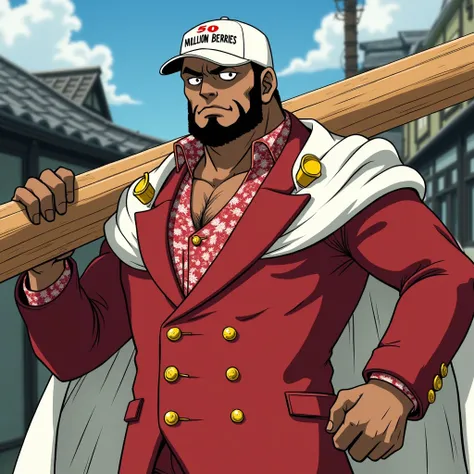 Make a character in the style of One Piece 、 draw a middle-aged officer who is a former admiral , An officer with a white collar high on his shoulders wears a cape with a yellow ornament on his white shoulder 、Red double-breasted suit、A red shirt with a fl...