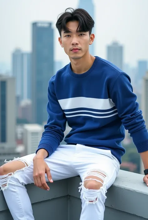 Professional portrait. a handsome Korean man, trendy short hair, he was wearing a blue sweater with white stripes, tight white jeans with ripped knees, converse shoes. He was sitting on the edge of the roof of a tall building. The background shows the city...