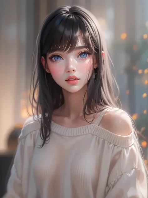 Hyper-realistic,photorealistic,a beautiful young girl, Age 15、detailed face, Thick lips、Glossy lips、long black hair, off-the-shoulder white sweater,  with a smartphone、 amazing high definition painting