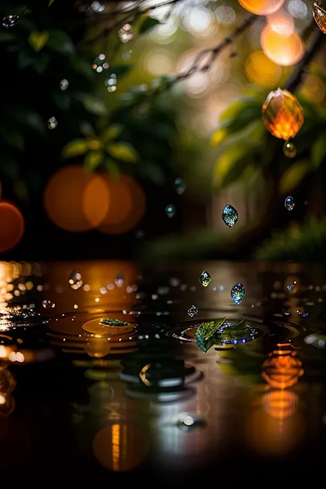 Picture of leaves and raindrops, Romantic landscape style, canon eos 5d mark iv, Sunny impressionism, sparkling water reflections, high quality photo --ar 2:3 --v 5