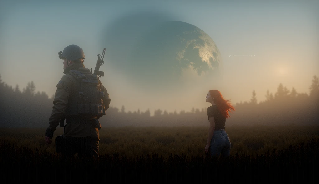 twilight,  A modern soldier in a tactical helmet with a weapon is standing in a field of grass,   in the distance ,  next to her red-haired girl with waist-length hair in a white T-shirt and jeans , a halved planet in the sky with deep craters,  kind of be...