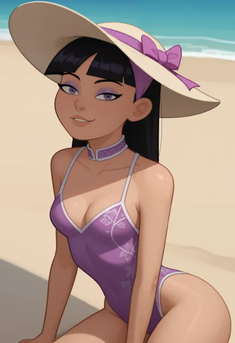 score_9, score_8_up, score_7_up, rating_explicit, 1girl, trixie tang, black hair, 1girl, long hair, hairband, bangs, eyeshadow, makeup, purple qipao, white trim, small breasts, huge hips, cute, cleavage, bedroom eyes, looking at viewer, close-up, head tilt...