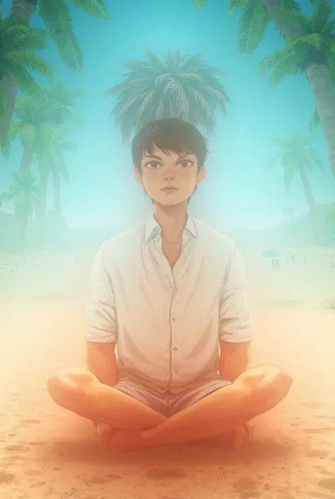 I am a 17-year-old boy with fair skin, short hair, and a slim build, sitting on the beach with the sun around. There are palm trees nearby, and ren are running and playing. I am wearing a white shirt and shorts.