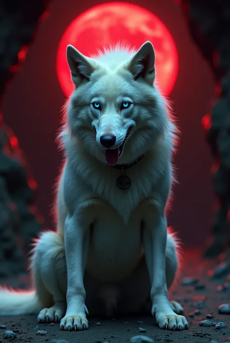 death wolf, 1 , alone, colored sclera, blue eyes that look like stars, blank stare, no smile, no way out, hairy, white fur, completely naked, big cock, penis, exposed chest, den, wide shoulders, tongue out, using a dog collar, sitting like a dog, aged, fir...